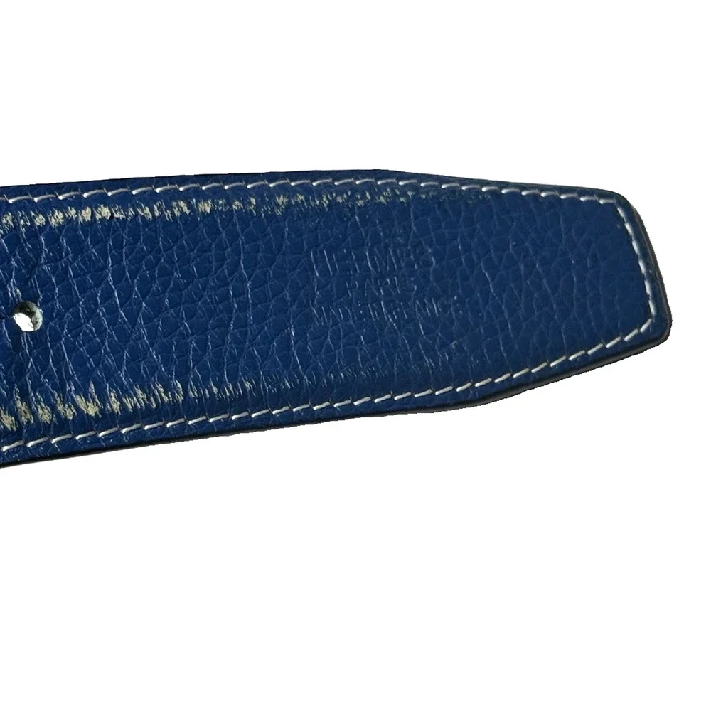 Hermes Blue / Black Reversible Belt with Silver H Buckle Sz 40 Leather Damaged